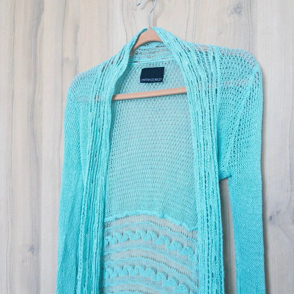 Cynthia Rowley Crochet Open Knit Cardigan‎ Small Turquoise Mermaid Boho Coastal